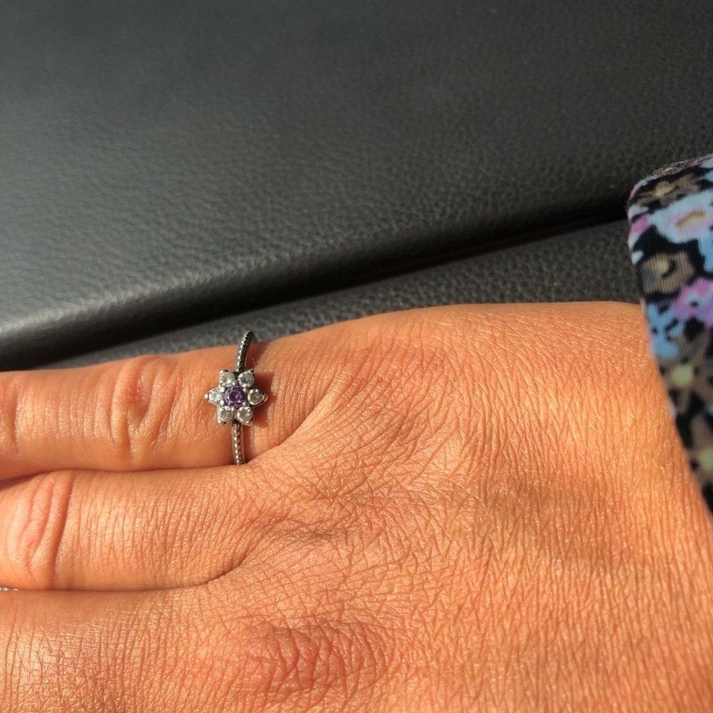 Vintage Retired Pandora Brand Amethyst Flower Beaded Shank Statement Ring